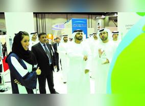 HH Sheikh Mansour bin Mohammed bin Rashid Al Maktoum reviews DEWAs smart services and initiatives at Smart Government Exhibition and Conference